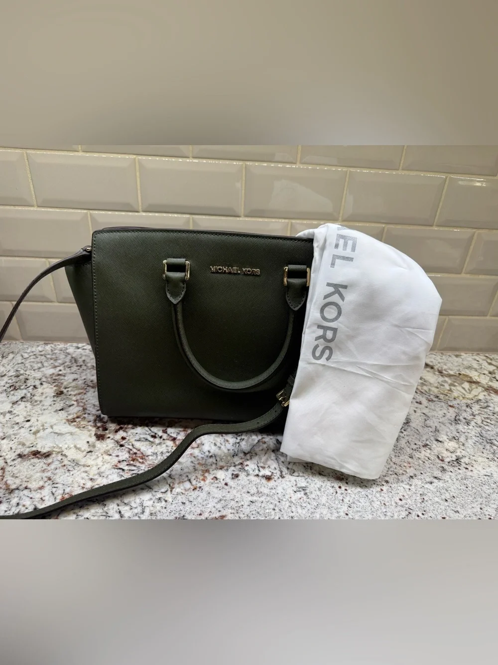 Michael Kors Dark Olive Saffiano Satchel with Shoulder Strap